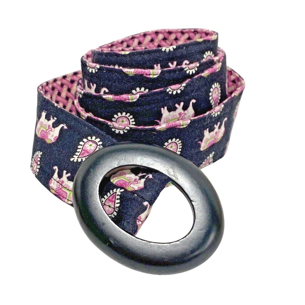 Vera Bradley fabric belt wood buckle pink black preppy Boho elephants reversible